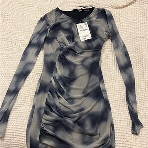 Zara Long Sleeve Ruched Sheer Bodycon Dress - Gray Blue